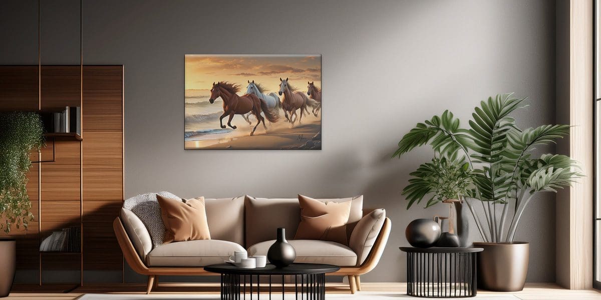 Stylish living room featuring a set of framed wall prints above a neutral-toned sofa, adding warmth, personality, and modern charm to the space.