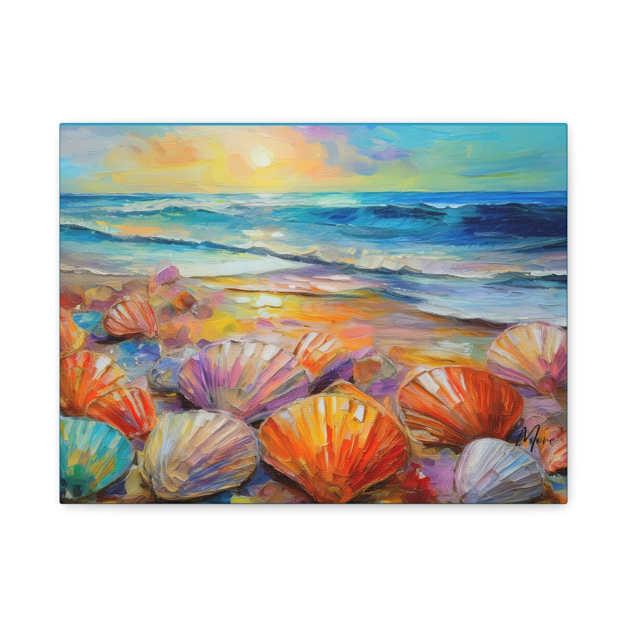 “Canvas wall art featuring a close-up of grouped seashells resting on soft beach sand—ideal décor for coastal, nautical, or beach-inspired interiors”
