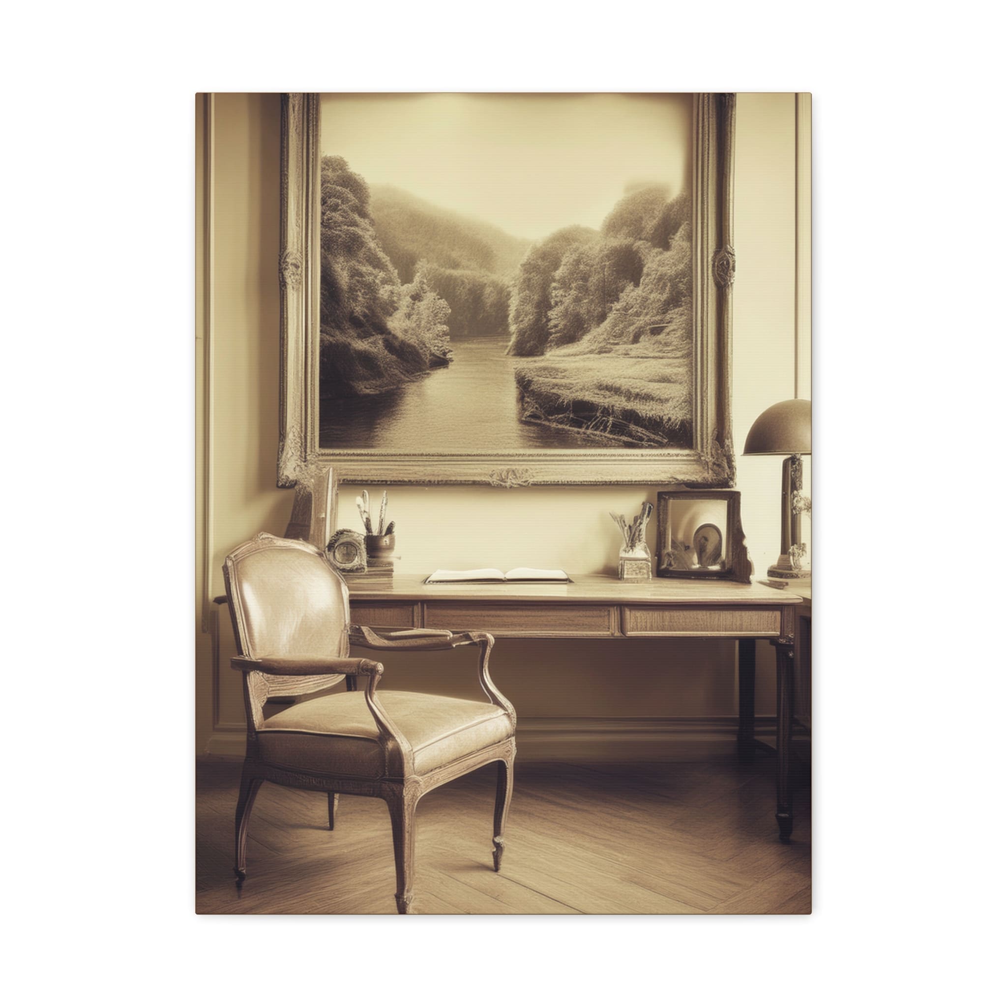 Canvas wall art depicting a vintage home office scene with antique desk, books, and classic décor—ideal for traditional, scholarly, or retro-inspired interiors”