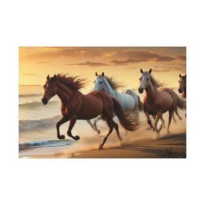 “Canvas print depicting horses running freely along a sandy shore with ocean waves—ideal wall art for rustic, coastal, or nature-inspired interiors”