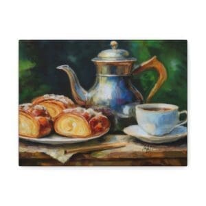 “Canvas wall art featuring an elegant English coffee or tea setting with cups, saucers, and vintage charm—perfect for kitchens, cafés, or traditional décor”