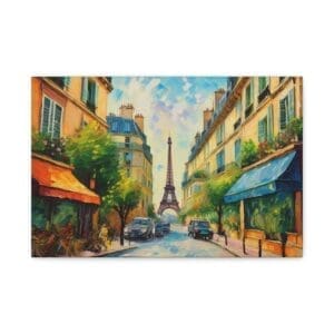 Canvas print featuring a scenic view of Paris with iconic landmarks like the Eiffel Tower and charming city streets—ideal décor for romantic or travel-inspired interiors”