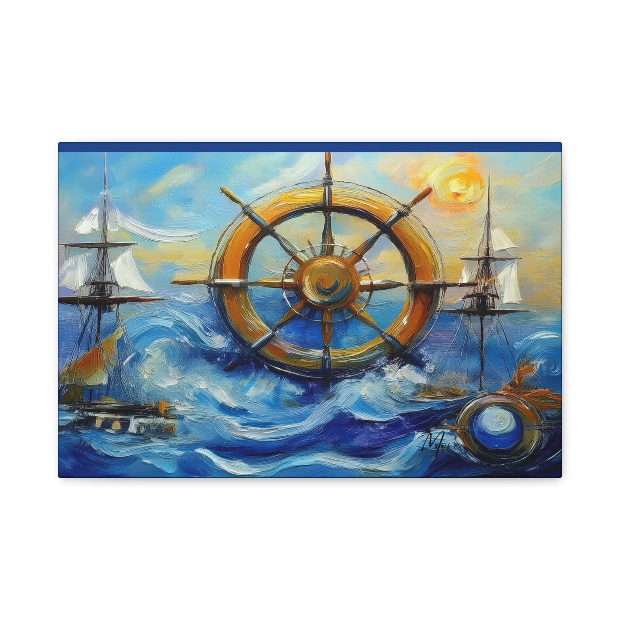 “Canvas print featuring a detailed captain’s wheel with nautical accents—ideal wall décor for coastal, beach house, or maritime-inspired interiors”