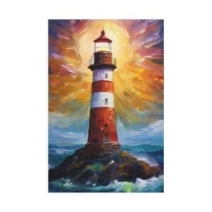 Canvas print featuring a coastal lighthouse with ocean waves and sky backdrop—ideal wall décor for nautical, beach, or seaside-themed interiors”