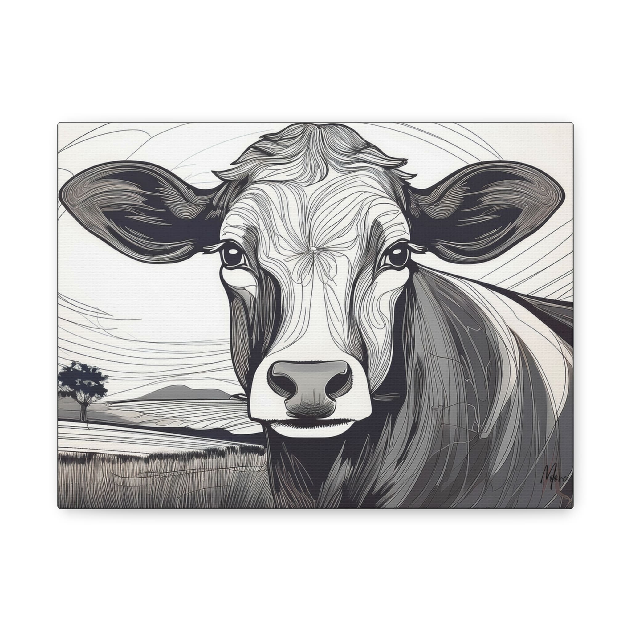 Canvas art depicting a cow standing on a farm with open fields and rustic surroundings—ideal wall décor for farmhouse, country, or rural-themed interiors”