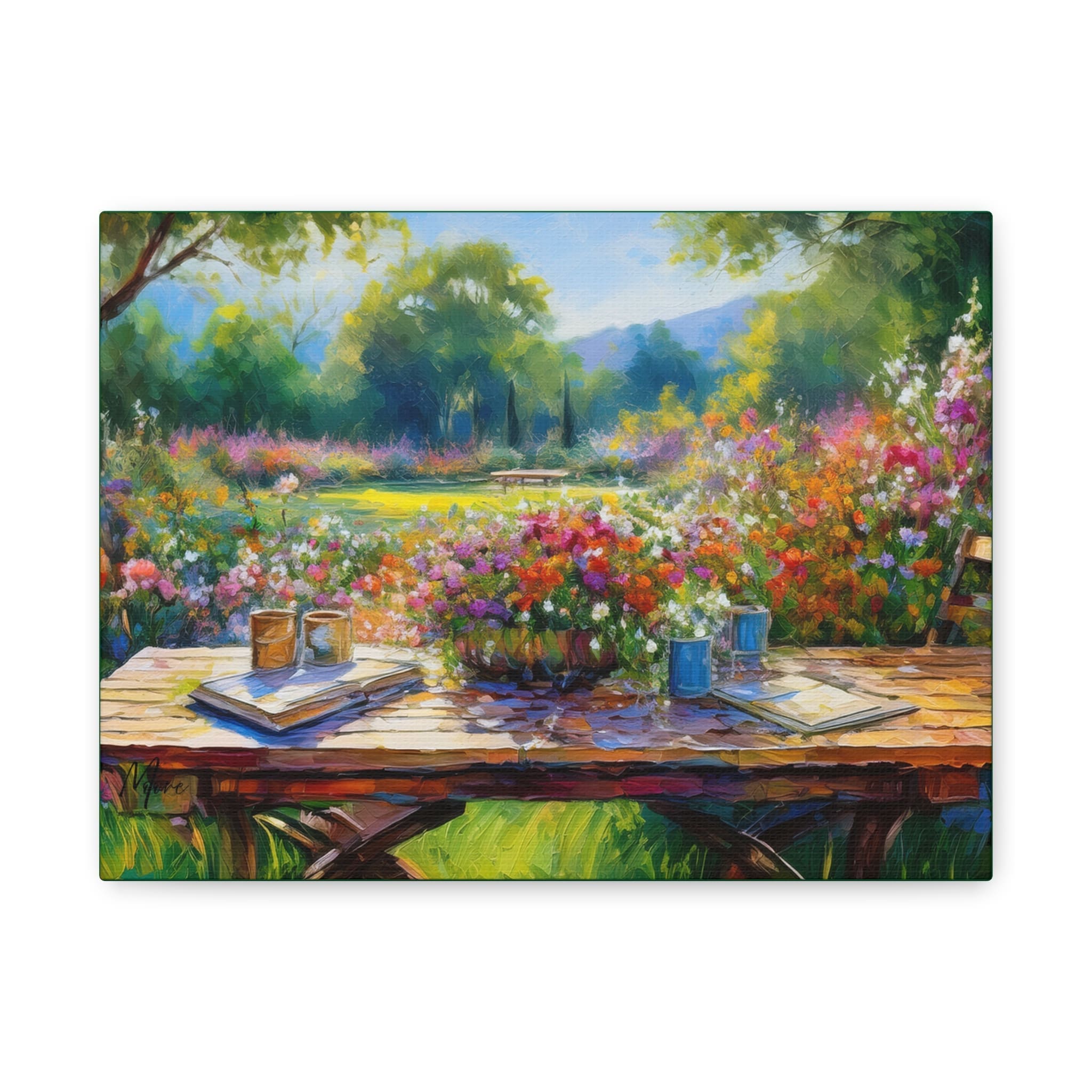 Canvas art featuring a vibrant garden scene with blooming flowers and lush greenery—peaceful wall décor for nature-inspired or botanical-themed interiors”