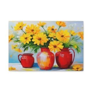 “Modern canvas print featuring bright yellow flowers arranged in bold red vases—ideal for contemporary, floral, or color-rich home décor”