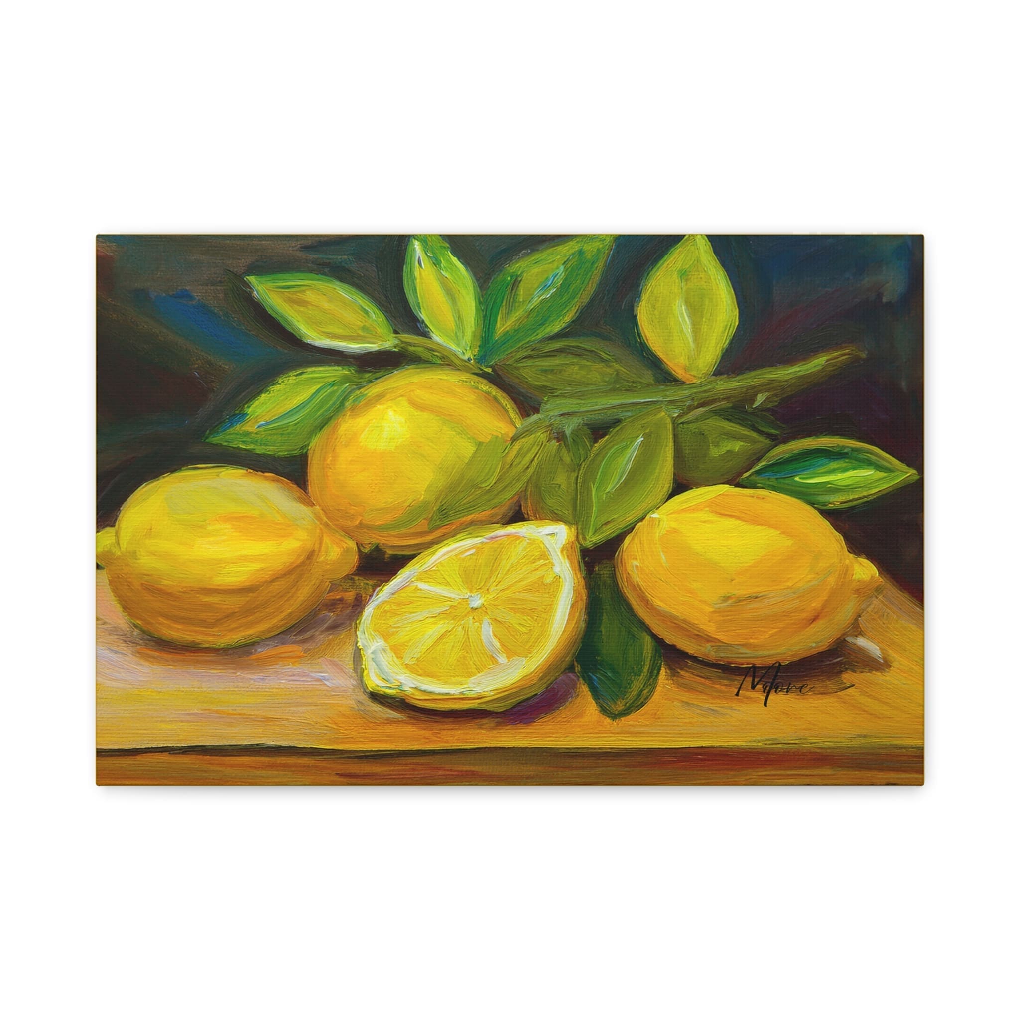 Canvas print featuring vibrant yellow lemons with fresh green leaves—ideal wall art for kitchen, dining area, or fruit-inspired home décor