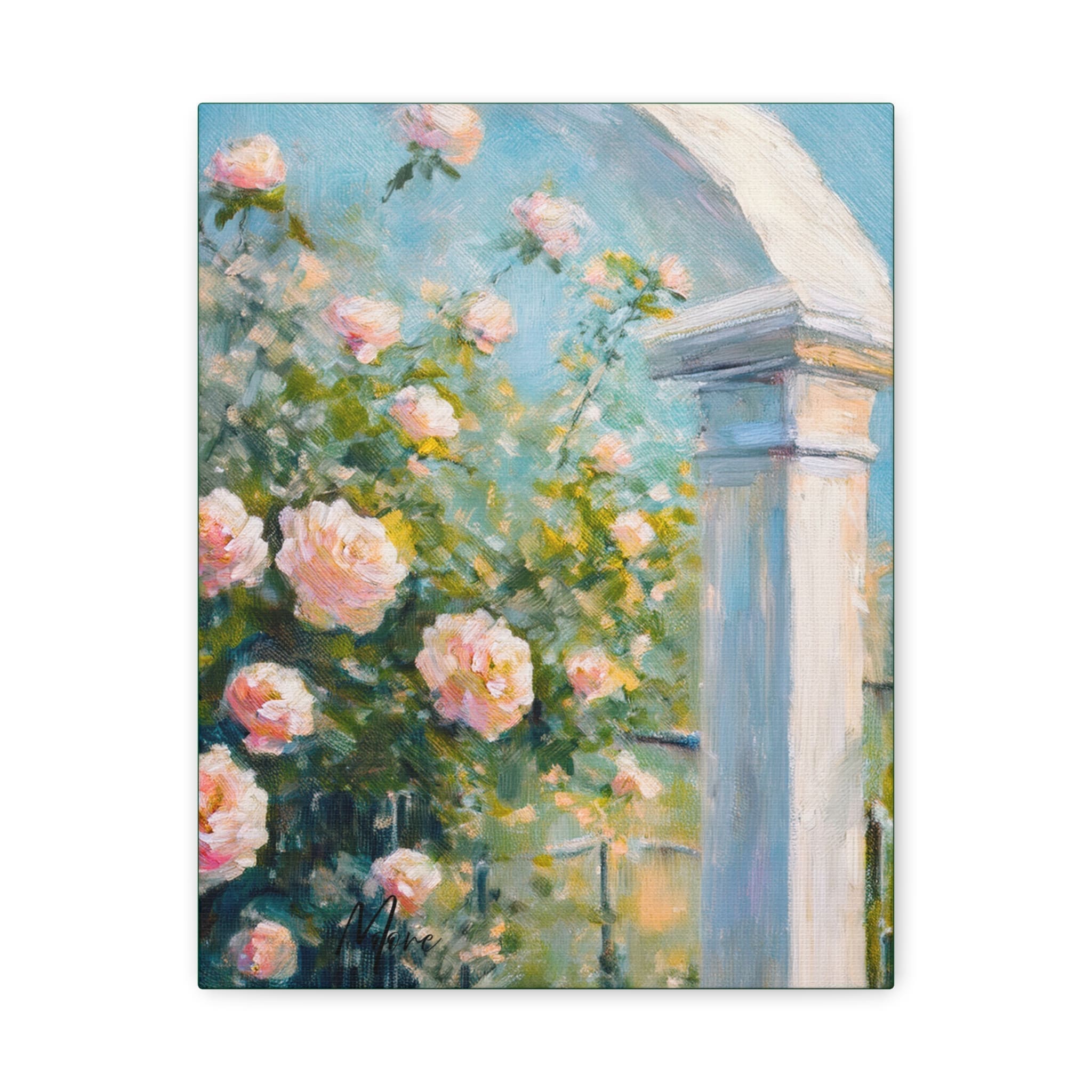 Canvas art featuring blooming roses climbing a rustic garden gate—romantic wall décor for cottage-style, floral, or vintage-inspired interiors.