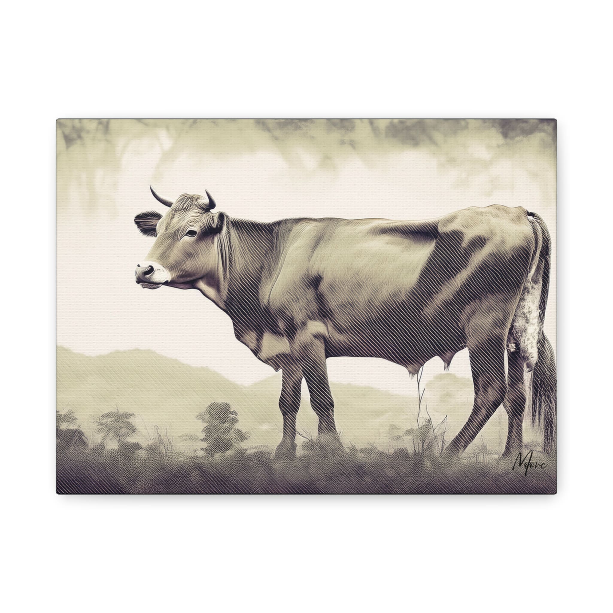 Canvas art featuring a cow in a rustic farm setting with natural textures and countryside charm—perfect wall décor for farmhouse or country-style interiors