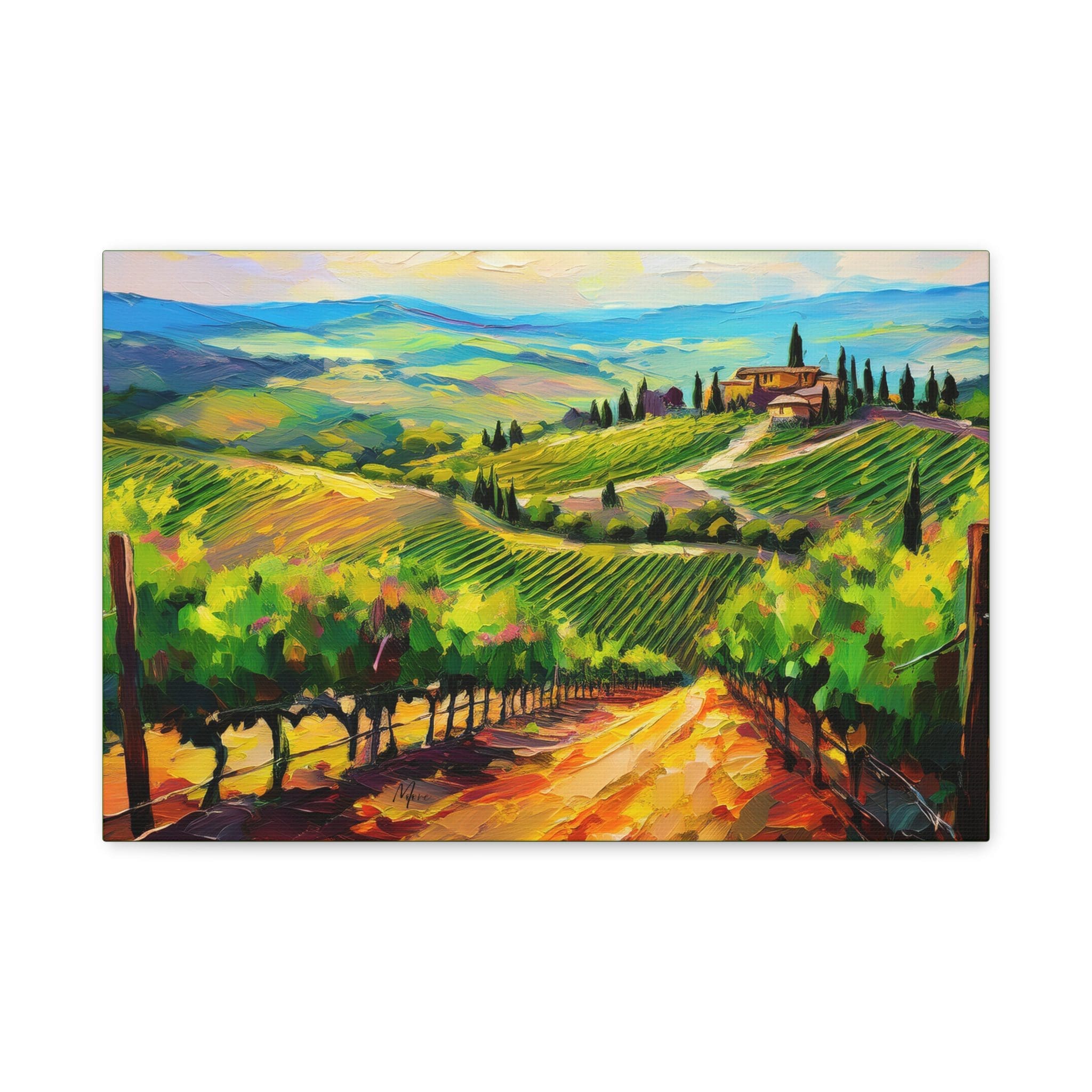 “Canvas wall art depicting the scenic hills of Tuscany, Italy with vineyards, cypress trees, and rustic villas—ideal for Mediterranean or travel-inspired décor”