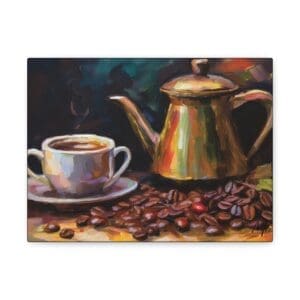“Canvas print featuring a warm and inviting coffee scene with steaming cups and cozy tones—ideal wall art for kitchens, cafés, or breakfast nooks”