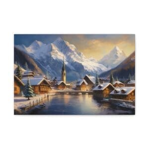 Winter Charming Village canvas art featuring snow-covered cottages, glowing lights, and peaceful streets—cozy holiday wall décor for home or office”