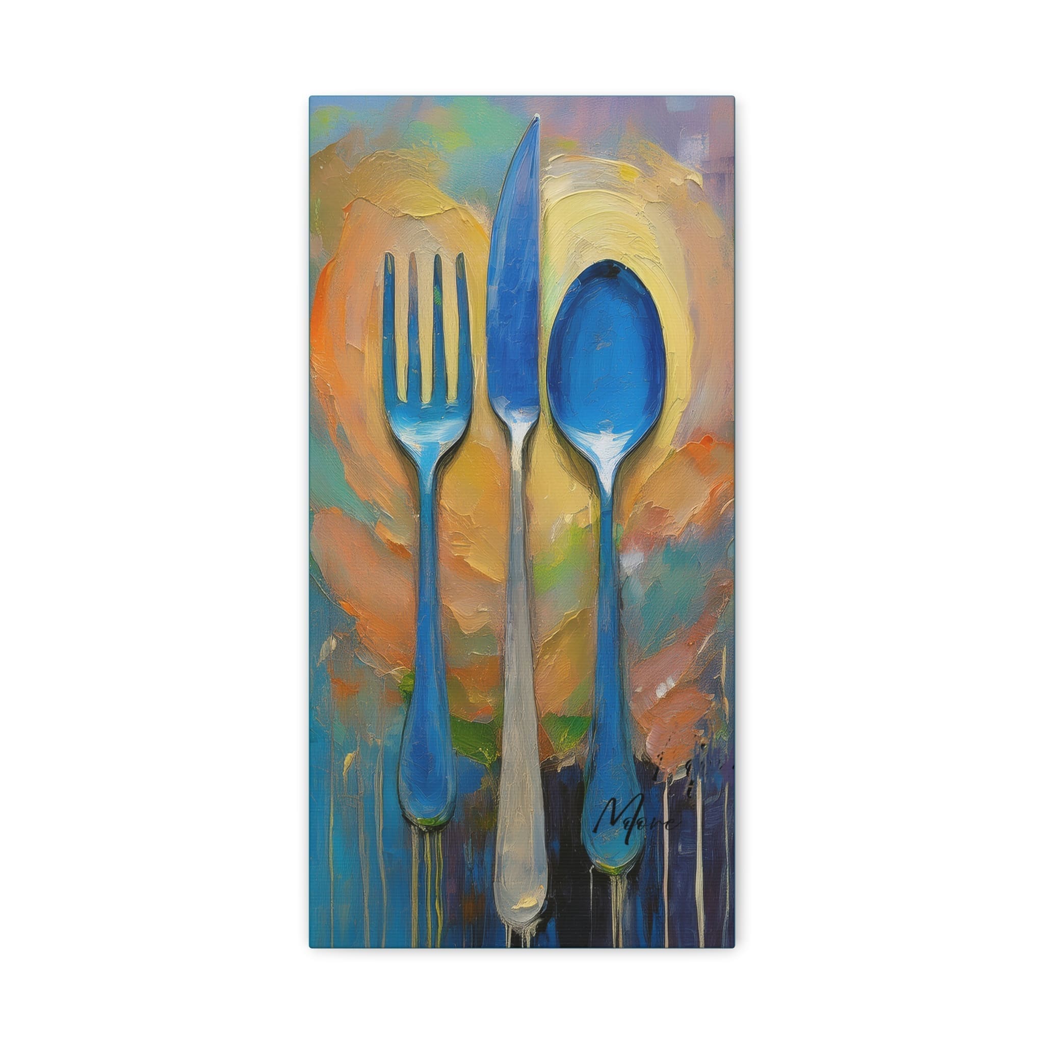 Culinary wall art featuring fork, knife, and spoon on a rustic background—classic kitchen utensil canvas décor for dining room or kitchen walls”