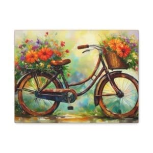 Canvas print of a vintage bicycle with a basket full of colorful spring flowers—charming wall décor for seasonal, garden-themed, or cottage-style interiors”