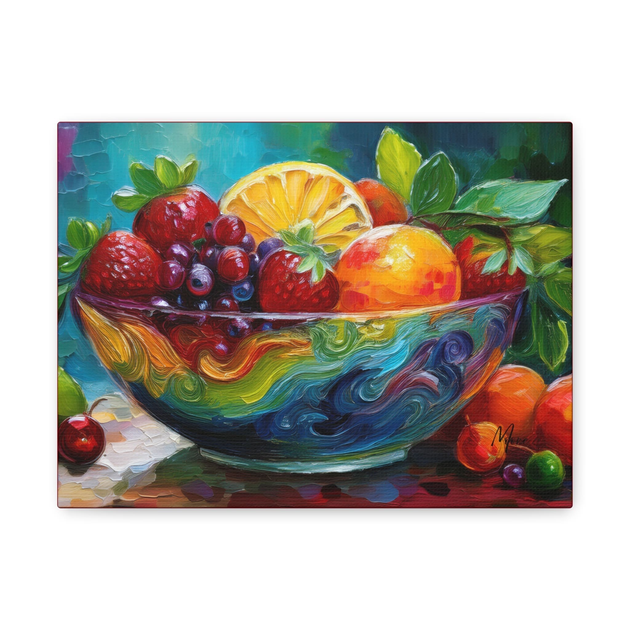 Canvas print of a vibrant fruit bowl filled with colorful produce like apples, oranges, grapes, and bananas—bright and fresh wall décor for kitchens or dining spaces”
