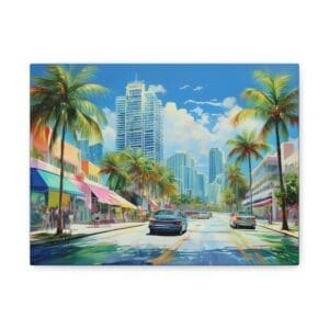 Canvas print of Miami cityscape featuring palm trees, colorful Art Deco buildings, and beach views—vibrant wall décor for coastal, tropical, or modern interiors”