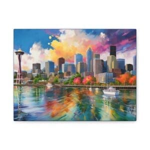 Canvas print of Seattle skyline featuring the Space Needle, city buildings, and mountain backdrop—stunning wall art for urban or travel-inspired décor”