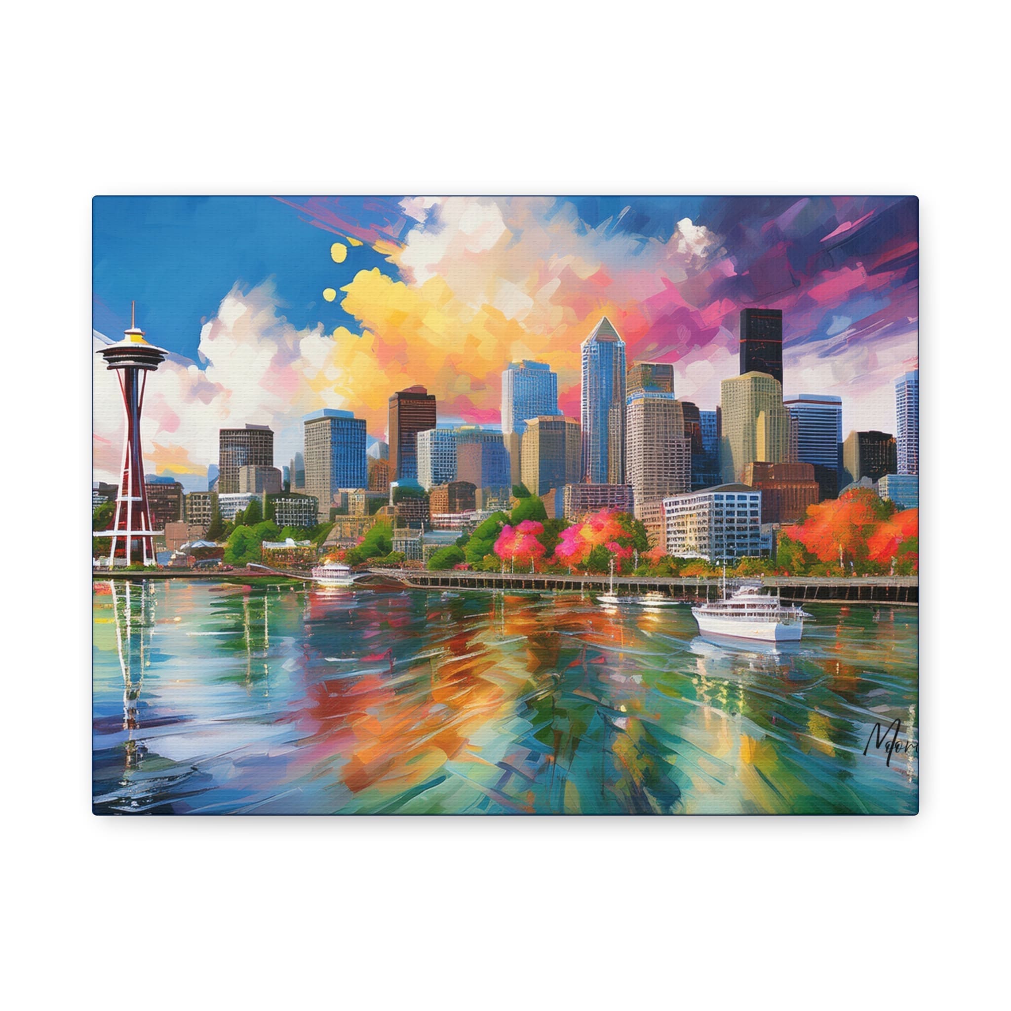 Canvas print of Seattle skyline featuring the Space Needle, city buildings, and mountain backdrop—stunning wall art for urban or travel-inspired décor”