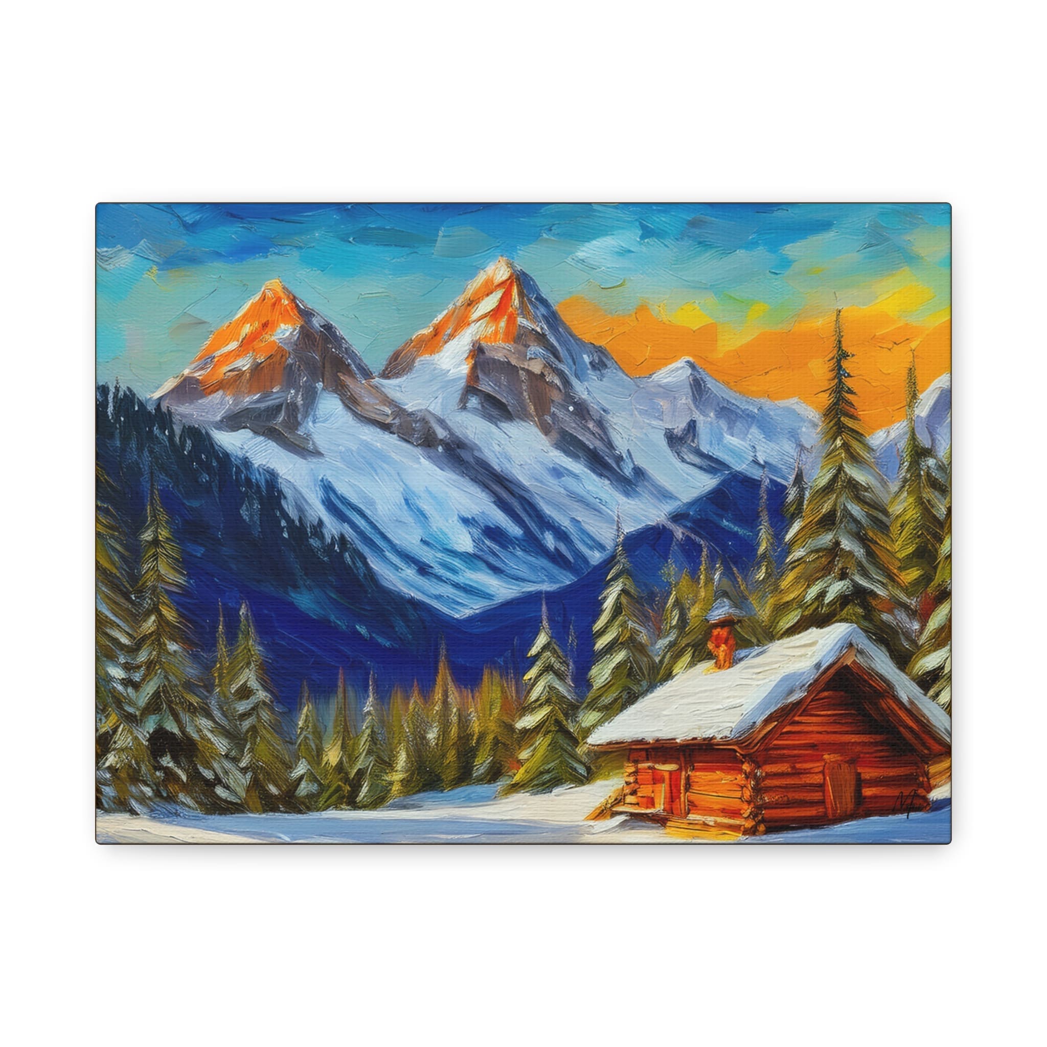 Canvas print of a snow-covered mountain cabin surrounded by trees and peaceful winter landscape—cozy wall décor for rustic, lodge, or seasonal interiors”