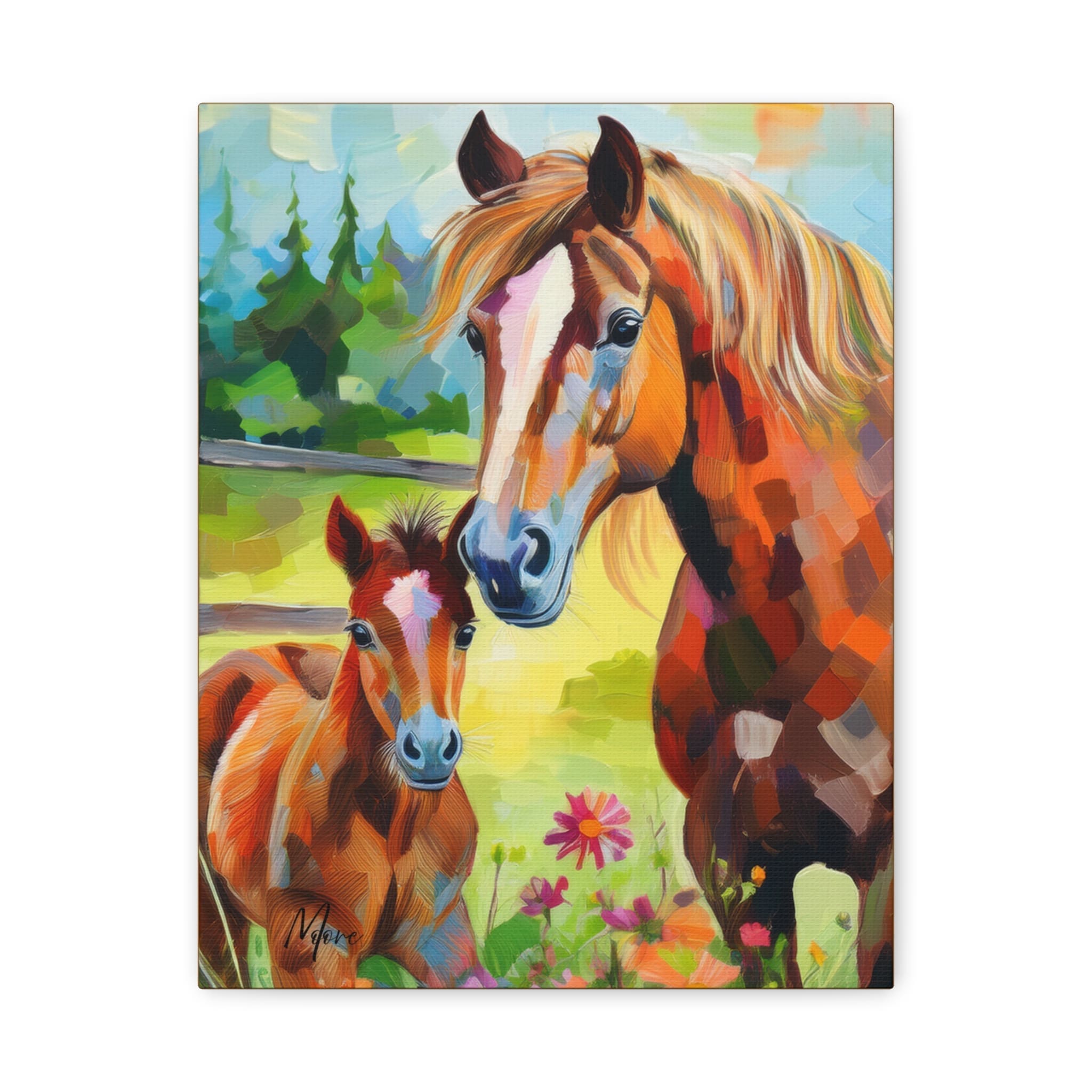 Horse artwork featuring a tender moment between a mother horse and her foal in a natural setting—heartwarming wall décor for farmhouse, rustic, or equestrian-themed interiors”