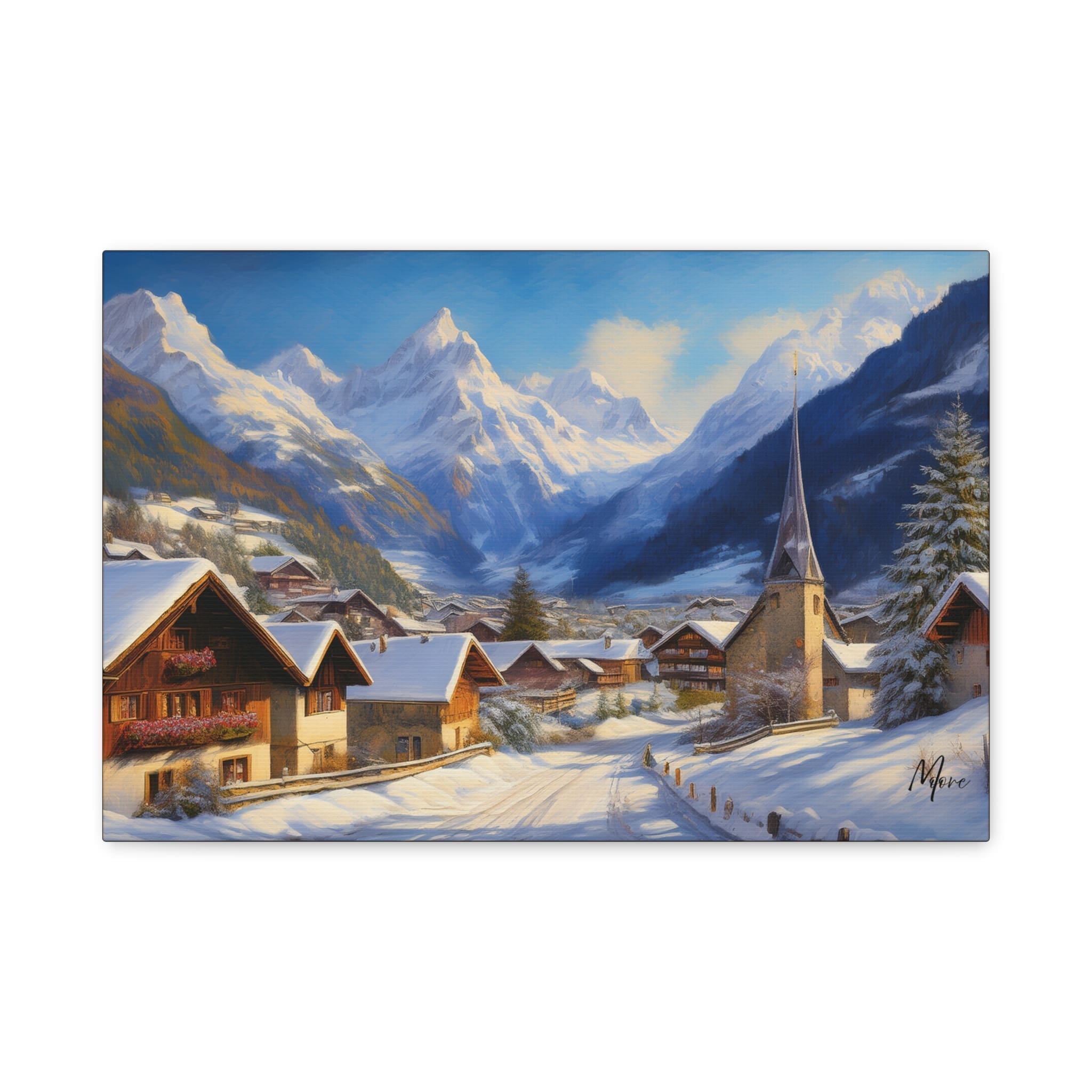 Winter scene mountain village art featuring snow-covered cabins, pine trees, and distant peaks—cozy seasonal canvas décor for home or cabin”