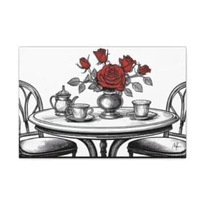 Canvas art decor Tea Time featuring a teapot, cups, and cozy kitchen setting—charming wall art for tea lovers and kitchen décor”