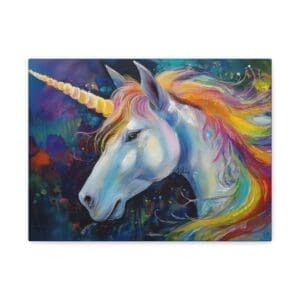 Canvas wall art Unicorn Magic featuring a whimsical unicorn with pastel colors, sparkles, and dreamy background—enchanting décor for children’s rooms or nurseries”