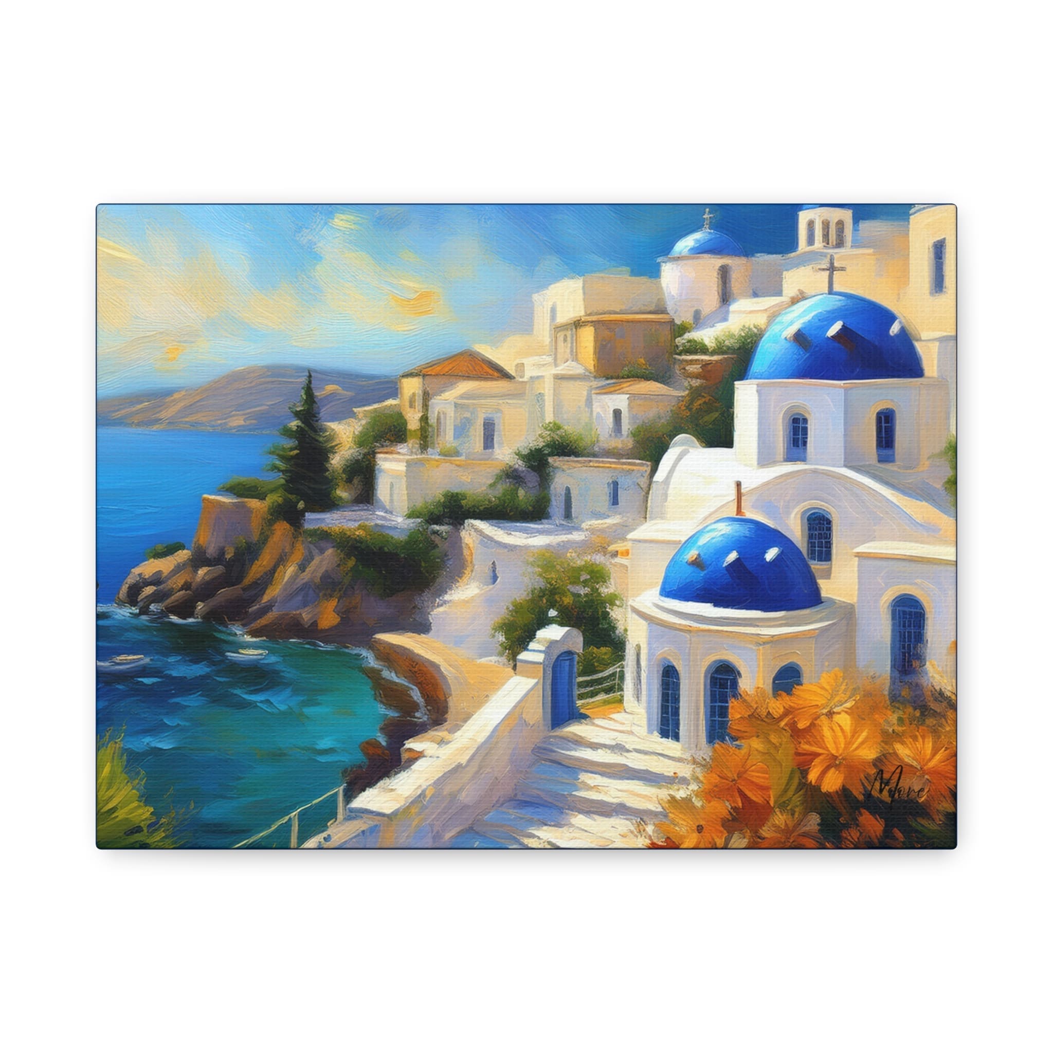 Modern canvas wall art featuring a scenic view of Greece with whitewashed buildings, blue domes, and coastal landscape—elegant décor for Mediterranean or travel-inspired interiors”