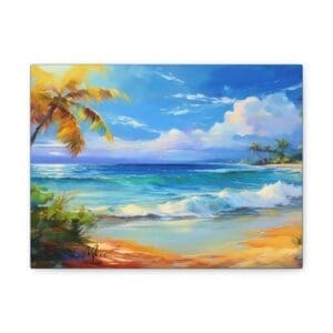 Coastal tropical beach canvas art featuring palm trees, turquoise waters, and sandy shoreline—relaxing wall décor for beach-themed or coastal interiors”
