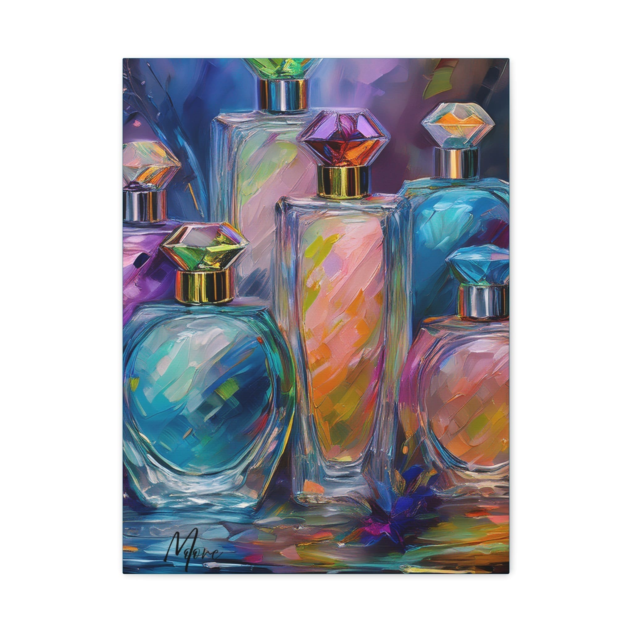 Modern canvas art featuring an arrangement of stylish perfume bottles—elegant wall décor for dressing rooms, bedrooms, or fashion-inspired interiors”
