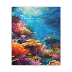 Canvas wall art Coral Reef featuring vibrant underwater scene with colorful coral, tropical fish, and ocean blues—perfect for coastal or nautical home décor”