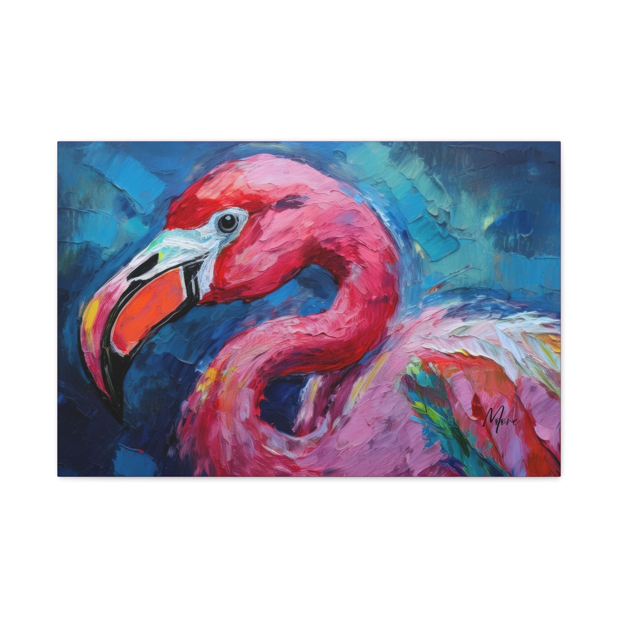 Wildlife canvas art featuring elegant pink flamingos standing in shallow water—vibrant tropical wall décor for coastal or nature-inspired interiors”