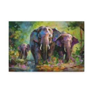 Canvas wall art featuring a majestic elephant family walking through a misty savanna, symbolizing strength, wisdom, and natural beauty."