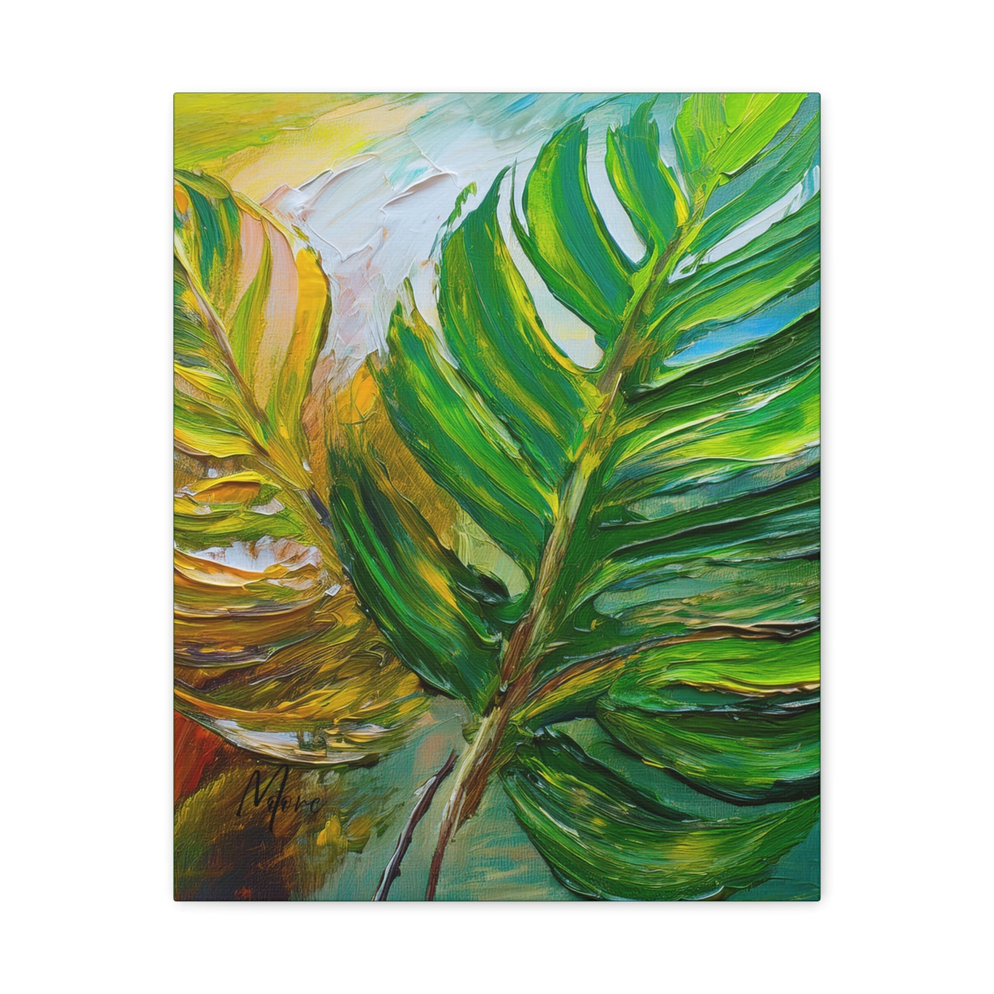 Canvas print of tropical palm leaves with lush green tones, bringing a calming, nature-inspired feel to interior wall decor."