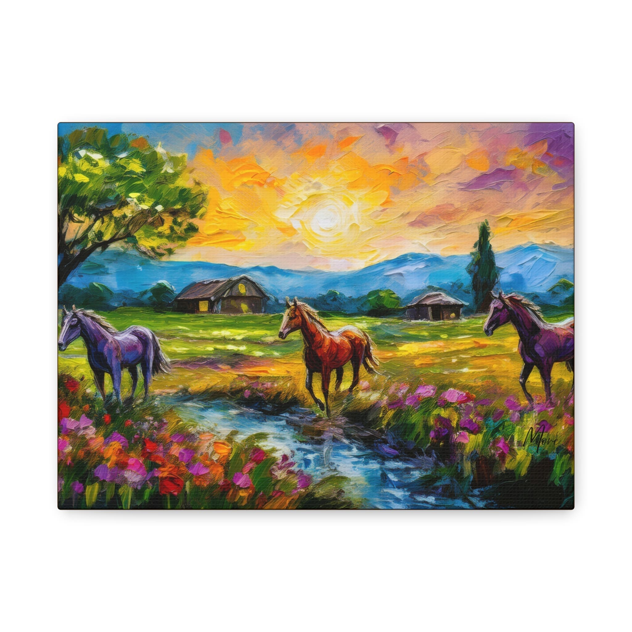Canvas art featuring horses grazing on a peaceful farm with open fields and rustic scenery—perfect wall décor for farmhouse, country, or equestrian-inspired interiors”