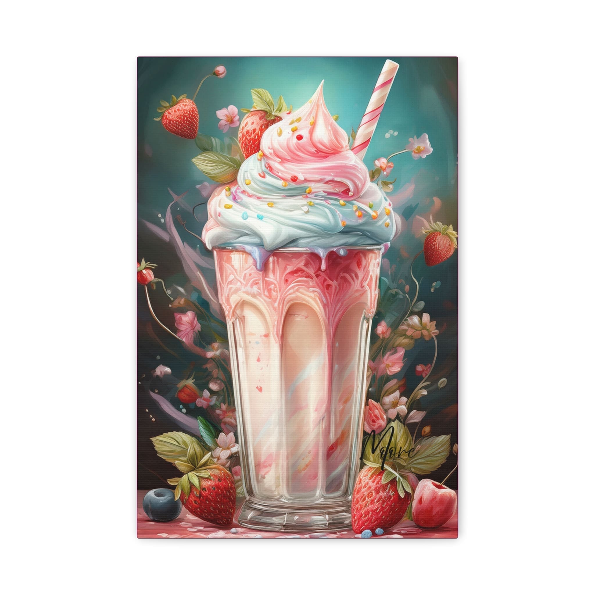 Canvas food print featuring a sweet strawberry milkshake topped with whipped cream and a cherry—playful wall art for kitchens, diners, or dessert-themed décor”