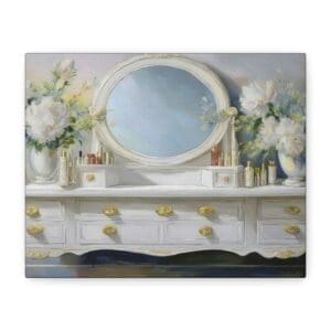 Canvas wall art featuring a stylish vanity table with elegant details—sophisticated décor for bedrooms, dressing rooms, or fashion-inspired spaces”